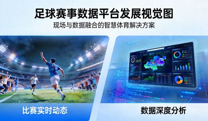 足球比赛现场与数据分析画面结合的平台发展视觉图